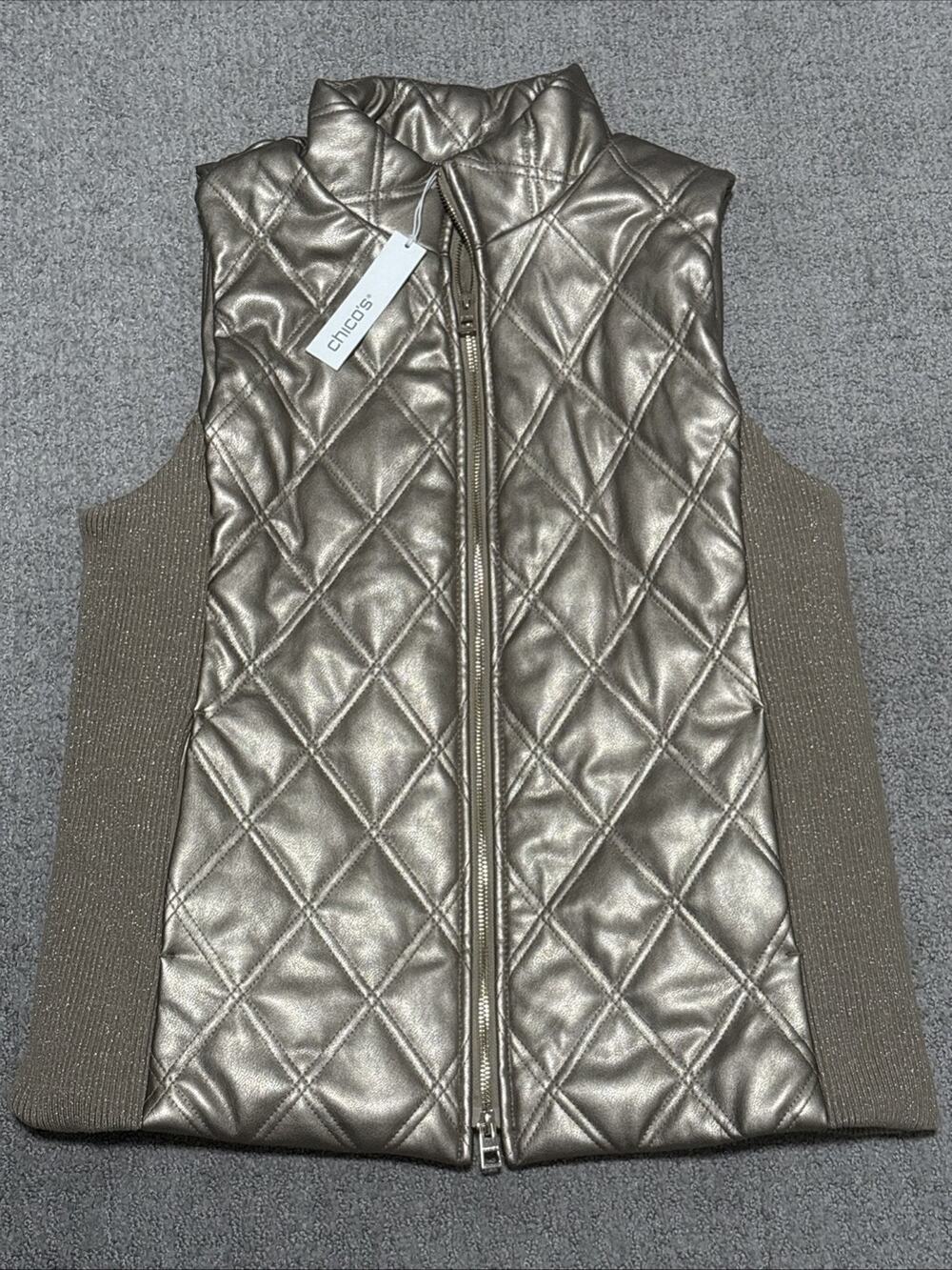 Chico's gold metallic diamond-quilted puffer vest Sparkly Side Panels Medium NWT